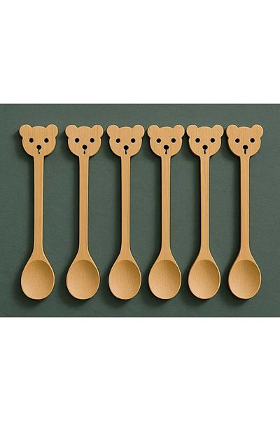 BuMeria Set of 6 Bamboo Small Wooden Spoons with Teddy Bear Pattern