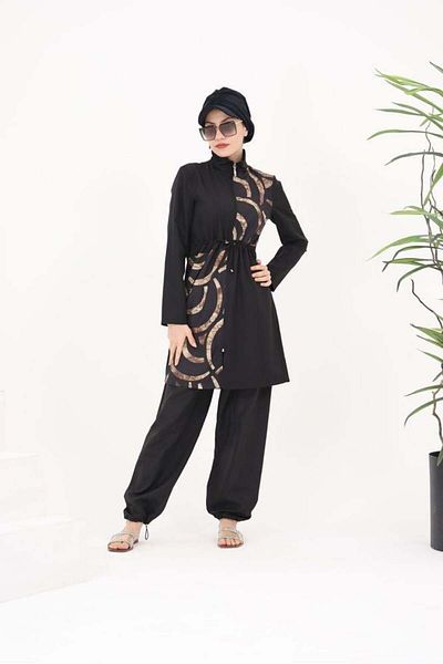 NS Tasarım Tesettür Mayo Elena 363 Model Hijab Parachute Fabric Ring Patterned Swimsuit Set