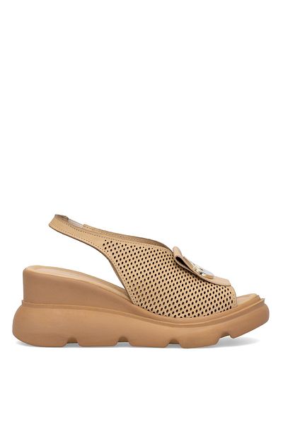 Ayakkabı Fuarı Elit Zeyn 8067 Women's Genuine Leather Wedge Heel Sandals Camel