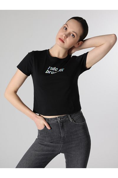 Colin's Comfort Fit Round Neck Printed Women's Black Short Sleeve T-Shirt