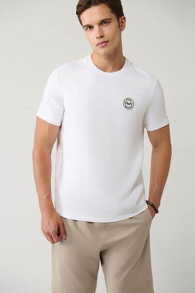 Avva Weißes bedrucktes Herren-T-Shirt mit Rundhalsausschnitt A31Y1095