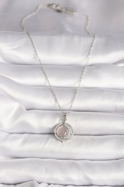 Skygo 316L Steel Silver Color Zircon Stone Pink Pearlescent Crescent Model Women's Necklace - Tj-Bko9701