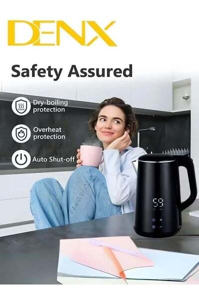 Denx 1.6L Stainless Steel Kettle, Mini Kettle, Set Temperature to 45°C-100°C, Auto Shut-Off, Dry Boil