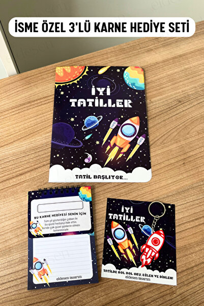Eldesen Tasarım İsme Özel Karne Hediyesi 3'lü Set, Karne Kılıfı, Spiralli Defter, Anahtarlık
