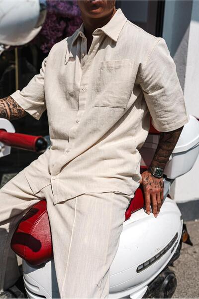 ablukaonline Ανδρικό κοντομάνικο πουκάμισο Oversize που πλένεται μπεζ