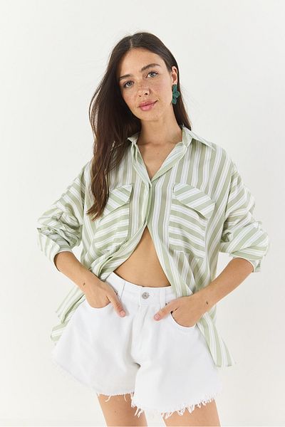 Bianco Lucci Women's Thick Striped Double Pocket Oversized Basic Summer Shirt 34399-1 60283249