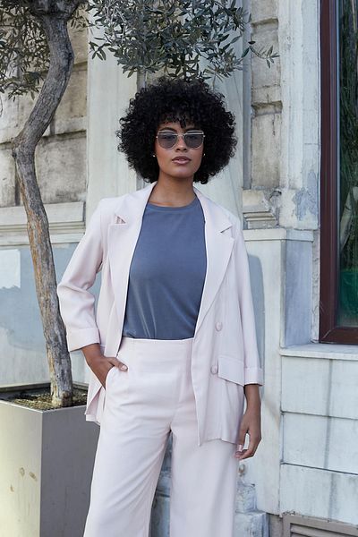 Jument Women's Silky Textured Modal Fabric Collar Pocket Cover Oversize Casual Blazer Jacket-Powder