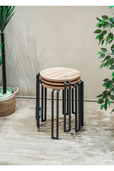 TOPRAK E-TİCARET Elit 3 lü Sehpa Metal Ayaklı  Çok Amaçlı Zigon Misafir Servis Sehpası ve Orta Sehpa Atlantik Çam