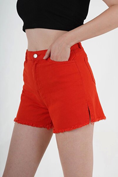 TakıDolabı Washed Red Denim Shorts with Tasseled Legs