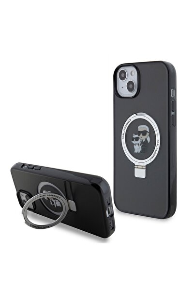 Karl Lagerfeld Husă pentru iPhone 15 Plus, Husă rigidă cu inel și suport MagSafe, Karl Lagerfeld - Negru