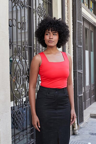 Jument Bluză din țesătură strălucitoare, fără mâneci, cu guler pătrat, Body-Coral