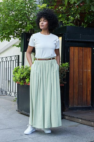 Jument Women's Silky Texture Modal Fabric Pocket Elastic Waist Ankle Length Long Skirt (Including Leather Belt)-Oil Green