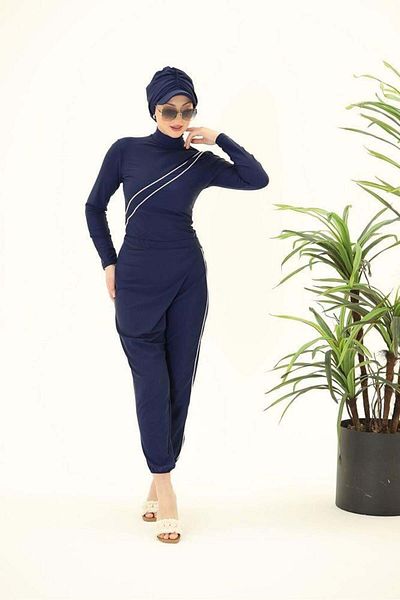 NS Tasarım Tesettür Mayo Lina Navy Blue Design Hijab Double Suit Swimsuit