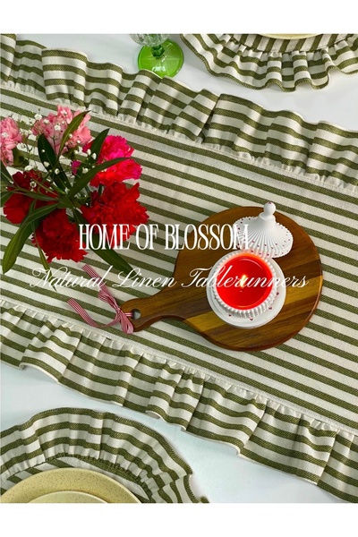 HOME OF BLOSSOM 40X100Cm Khaki Green Striped Linen Frilly Runner~1 Piece
