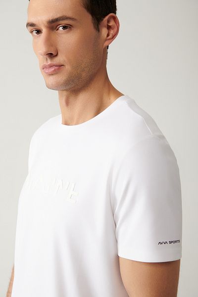 Avva Tricou alb pentru bărbați, cu decolteu rotund, imprimat cu atingere moale A41y1030