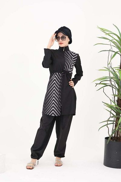 NS Tasarım Tesettür Mayo Elena Herringbone Patterned Design Hijab Parachute Fabric Double Swimsuit Set 363