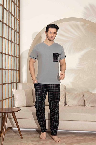 Tarık Father Son Combination Short Sleeve Checked Long Bottom Combed Fabric Medium Thick V-Neck Pajamas Set-3995