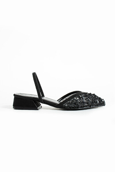 Gökçe Shoes Martha Siyah Fileli İnci Detay Pullu Kadın Babet