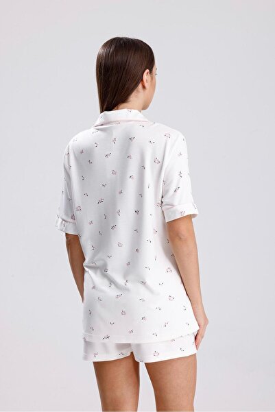 Espuar 768 Classic Kadın Çiçek Desen Gömlek Boydan Düğmeli Penye Viskon Şort Takım