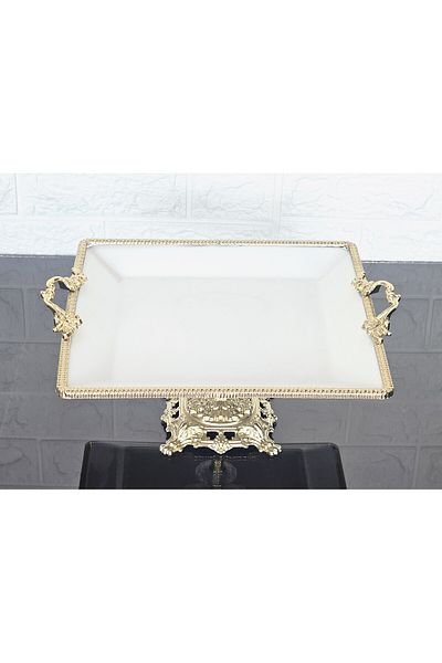 atabey home PORCELAIN LARGE SIMPLE SQUARE SERVING PLATE-PRESENTATION PLATE WITH CAST GOLD FRAME AND LEGS 27CM