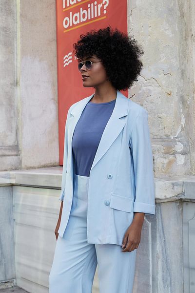Jument Women's Silky Textured Modal Fabric Collared Oversized Shabby Blazer Jacket-Blue