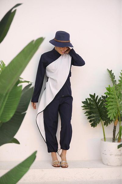 NS Tasarım Tesettür Mayo Ocean White Striped Navy Blue Design Teseture Jumpsuit Swimsuit