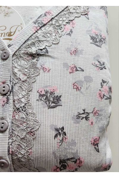 ALİMER Floral Pattern Oversize Lace Collar Long Sleeve Combed Cotton Pajama Set