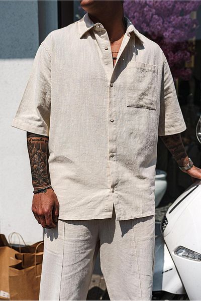 ablukaonline Ανδρικό κοντομάνικο πουκάμισο Oversize που πλένεται μπεζ