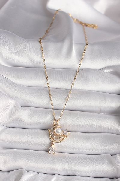 Skygo 316L Gold Color Zircon Stone Moon Star Model Dangle Detail Women's Necklace - Tj-Bko9672