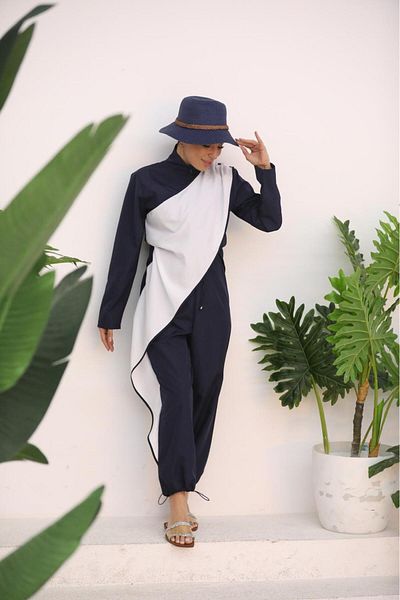 NS Tasarım Tesettür Mayo Ocean White Striped Navy Blue Design Teseture Jumpsuit Swimsuit