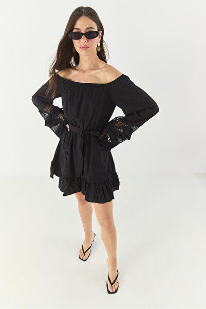 Bianco Lucci Women Madonna Collar Beli Elastic Lace Sleeves Belted Lined Mini Summer Dress 60283246