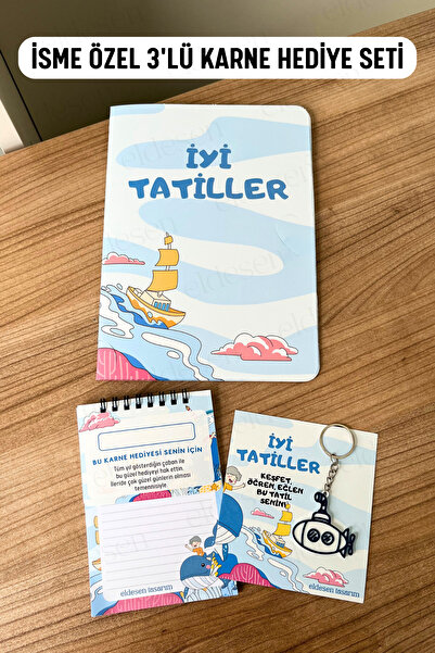 Eldesen Tasarım İsme Özel Karne Hediyesi 3'lü Set, Karne Kılıfı, Spiralli Def...