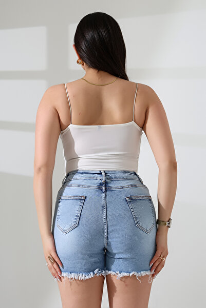 ZEYCEN Kadın Yüksel Bel Yıkamalı Lazer Yırtıklı 5 Cepli Mavi Mini Kot Şort Jeans