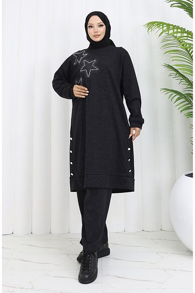 sefamerve Ecrin Fabric Printed Tunic Παντελόνι Σετ δύο τεμαχίων 0555-03 Μαύρο