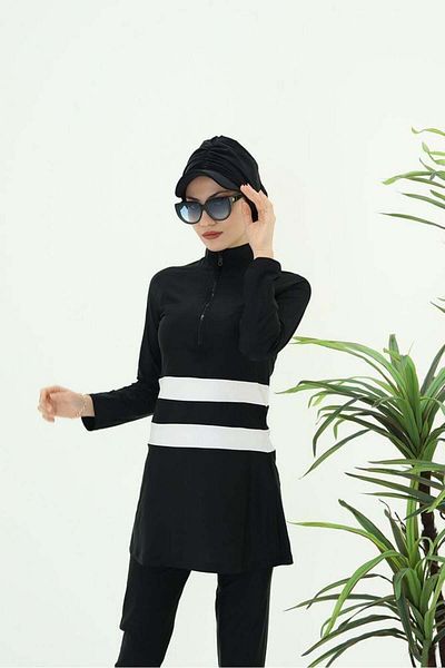 NS Tasarım Tesettür Mayo Golf White Stripe Black Design Hijab Double Swimsuit Set