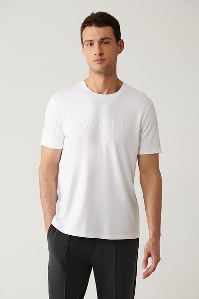Avva Tricou alb pentru bărbați, cu decolteu rotund, imprimat cu atingere moale A41y1030