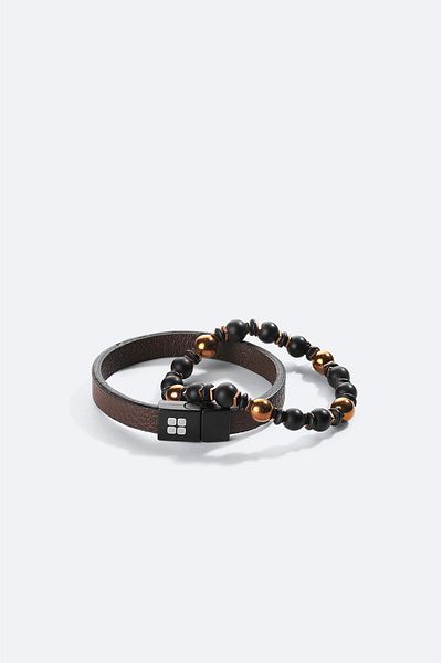 Avva Men's Brown 2-Piece 100% Leather and Turtle-Eye-Onyx Stone Bracelet A41Y9606