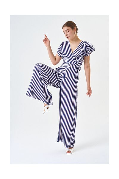 MODATALİKA Ruffle Detailed Blouse and Wide Leg Trousers Striped Belted Jumpsuit