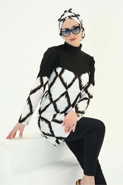 NS Tasarım Tesettür Mayo Adel Baklava Pattern Design Hijab Double Swimsuit Set