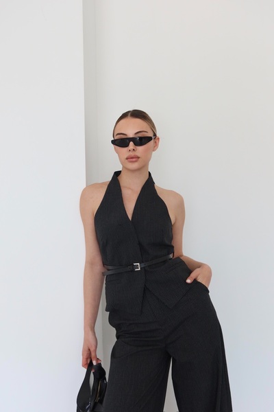 Laluvia Smoked Pinstripe Belt Detailed Vest Trousers Suit - 9569