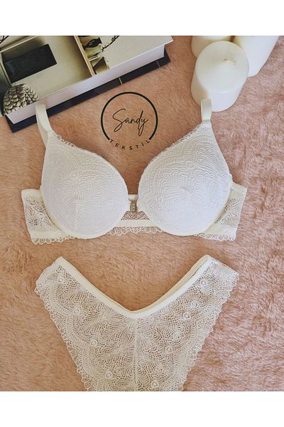 Koza soft Lace Front Opening Stone Clip Half Supported Wedding Dress Ecru Bra Set