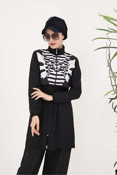 NS Tasarım Tesettür Mayo Sabrina Leaf Patterned Design Hijab Parachute Fabric Double Swimsuit Set 364