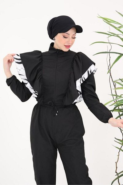 NS Tasarım Tesettür Mayo Star Striped Model Design Hijab Parachute Fabric Jumpsuit Swimsuit