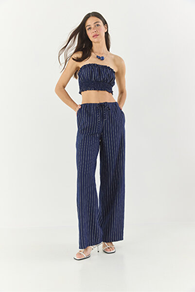 Bianco Lucci Women's Striped Gipe Detailed Crop Top Waist Drawstring Wide Leg Pants Bottom-Top Suit 60283262