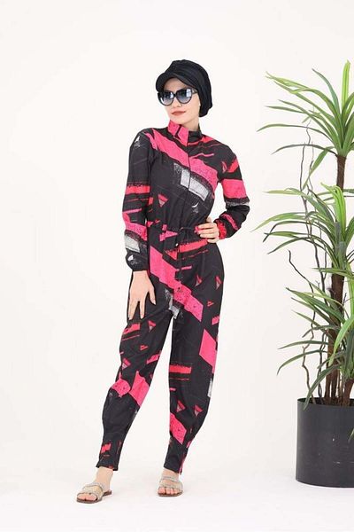 NS Tasarım Tesettür Mayo Fuchsia Stripe Pattern Design Hijab Parachute Fabric Jumpsuit Swimsuit
