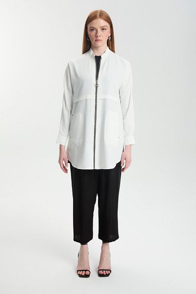 Zühre Zippered Judge Collar Ecru Jacket C-0130