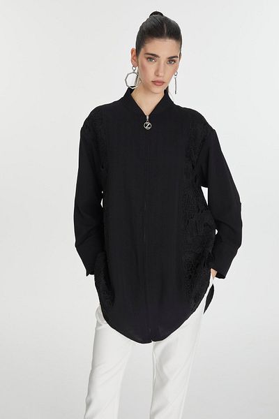 Zühre Embroidery Detailed Zippered Black Jacket C-0126