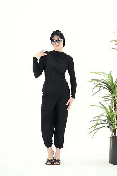 NS Tasarım Tesettür Mayo Betty Double Black Design Hijab Swimsuit Set