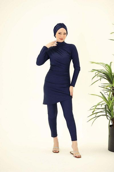 NS Tasarım Tesettür Mayo Scarlett Double Navy Blue Swimsuit Set