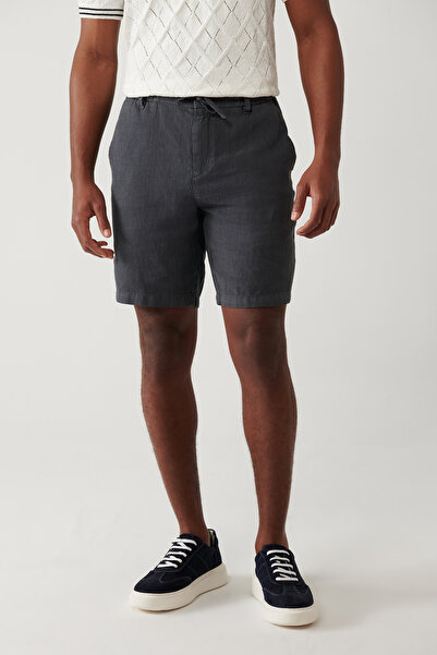 Avva Erkek Antrasit Beli Lastikli %100 Keten Assos Relaxed Fit Şort A41Y3710
